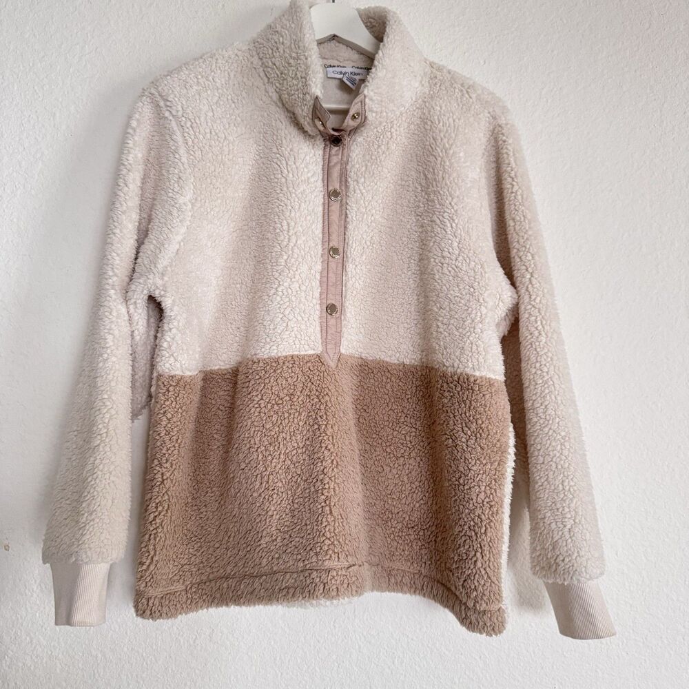 Calvin Klein Sherpa Women's Sweatshirt Pullover Sz M Snap Collar Cream Ten Cabin